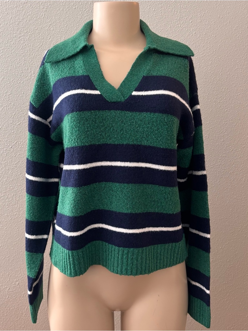 Aqua Striped Polo Sweater Green Navy Sz XS